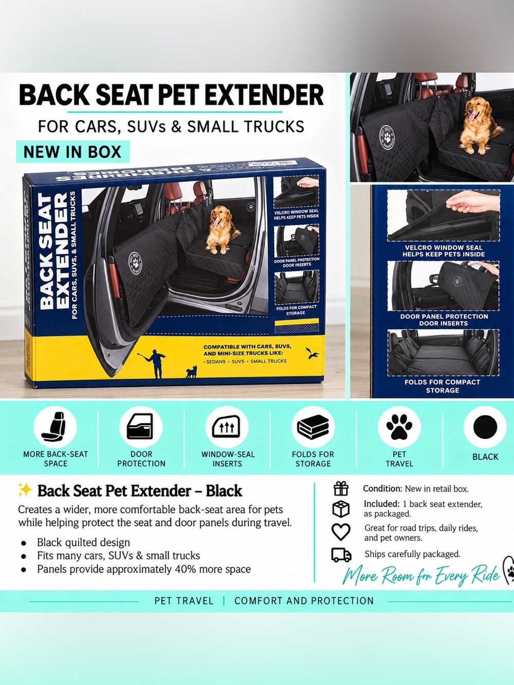 Back Seat Pet Extender for Cars SUVs & Small Trucks – Black NIB